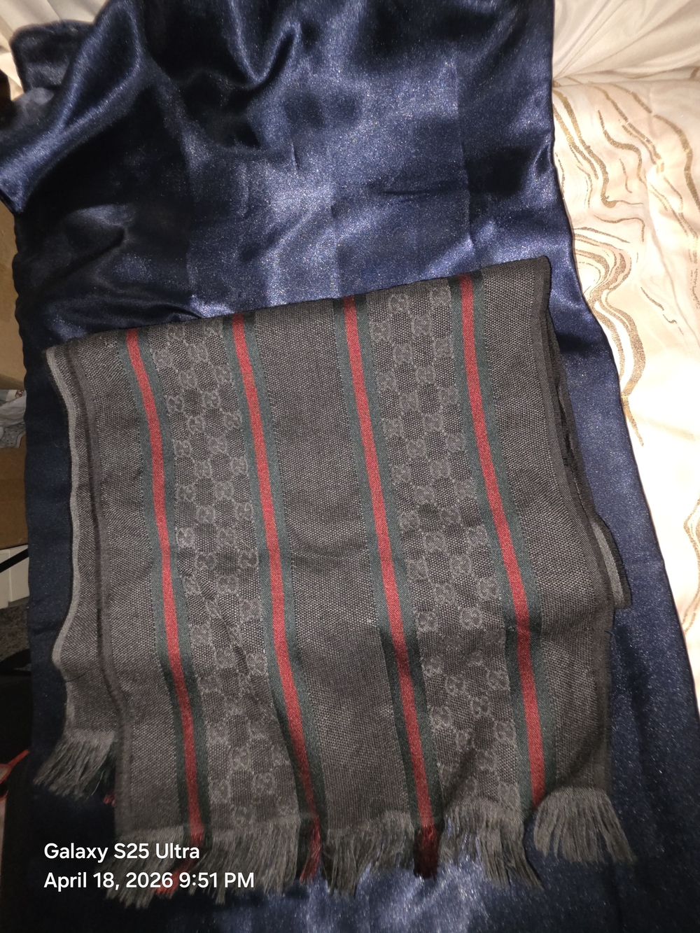 Gucci Black Knit Scarf with Red & Green Stripe. 72L x 13 1/2W. Unisex